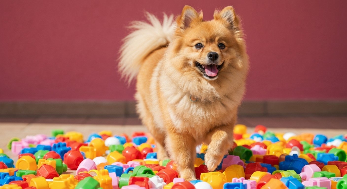 Filhote de Spitz Alemão fofo brincando em um jardim.