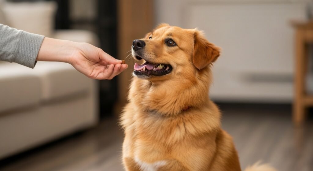 Filhote de spitz alemão alegre e atento recebendo um petisco do tutor, simbolizando o reforço positivo ao adestrar um spitz alemão.