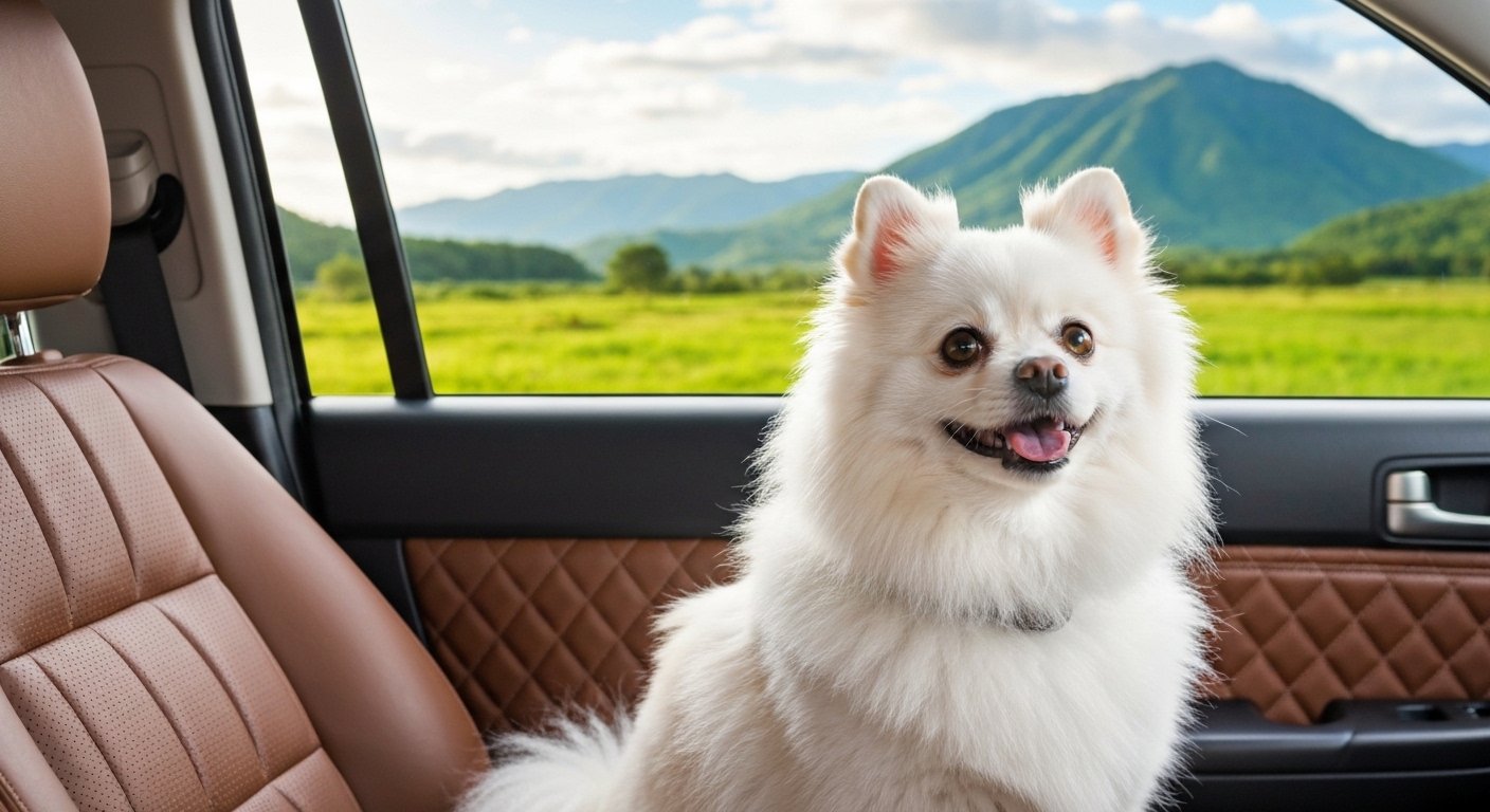 Um spitz alemão feliz e seguro em um cinto de segurança no carro, com paisagem de viagem ao fundo, ilustrando dicas essenciais para viajar com spitz alemão de forma tranquila.
