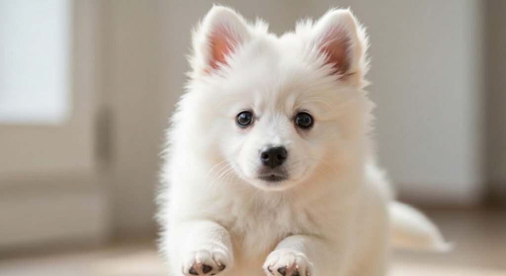 Filhote de Spitz Alemão brincando com brinquedo.