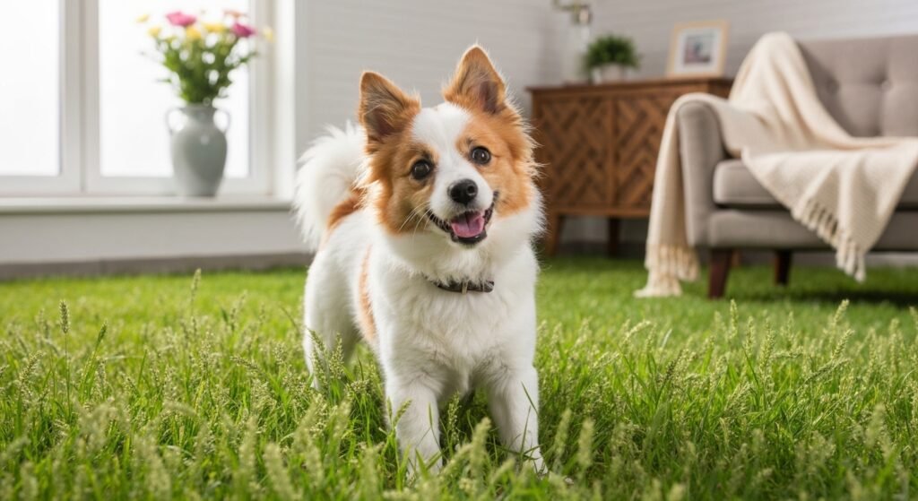 Filhote de Spitz Alemão brincando em jardim