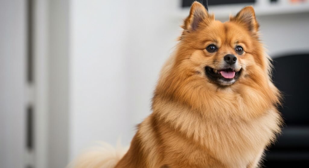Um spitz alemão com pelagem dupla exuberante e bem cuidada, ilustrando os cuidados com a pelagem do spitz alemão para saúde e beleza.