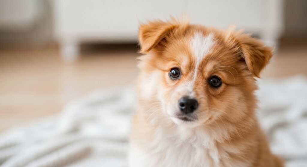 Um filhote de spitz alemão fofo e saudável em um ambiente doméstico seguro e acolhedor, simbolizando a importância de cuidar de filhote de spitz alemão.
