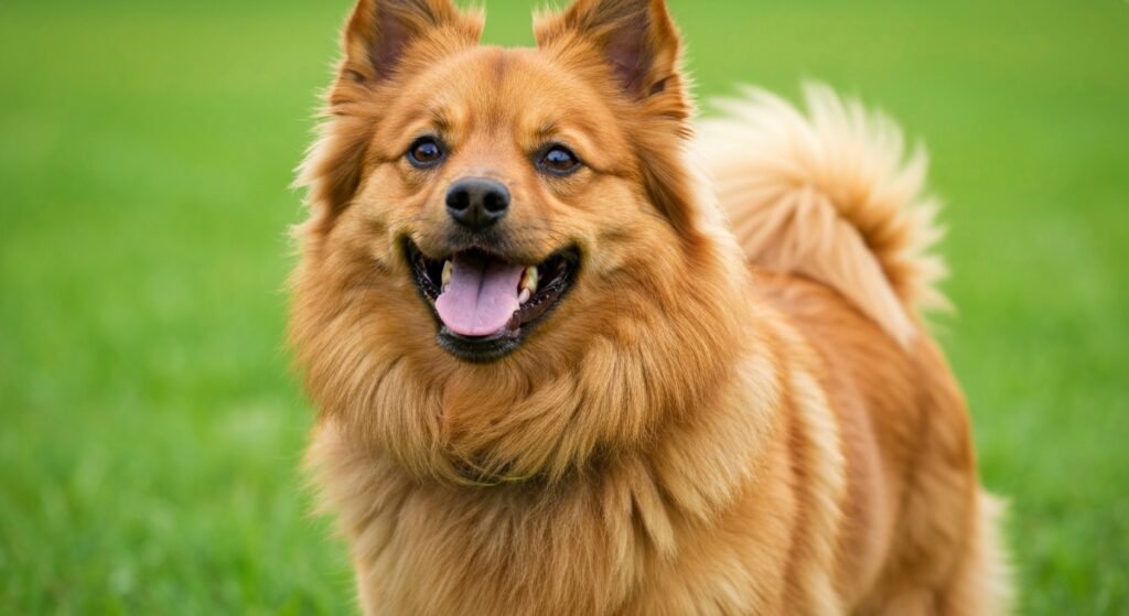 Um spitz alemão feliz e saudável correndo em um campo verde ensolarado, representando o guia completo sobre como cuidar de um spitz alemão.