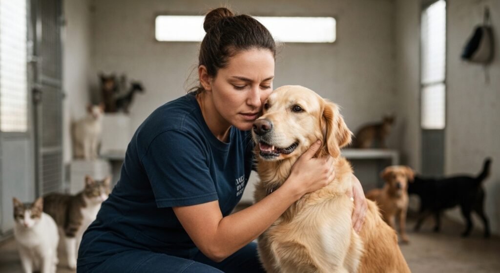 Protetora de animais abraçando cão resgatado