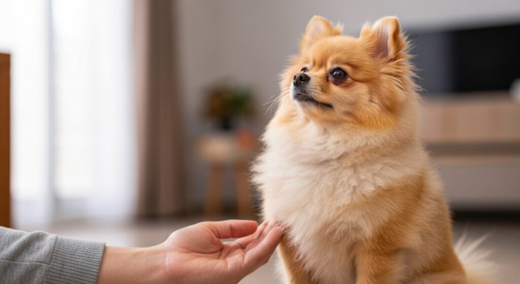 Spitz Alemão feliz e calmo ao lado do tutor, em ambiente doméstico harmonioso, ilustrando o comportamento do spitz alemão e uma convivência positiva.