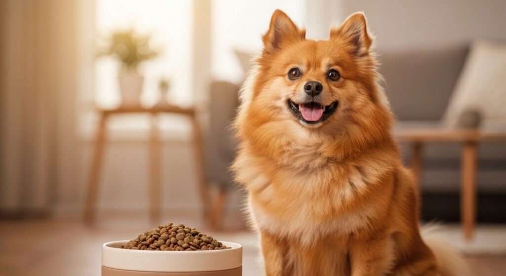Spitz Alemão feliz e saudável, com pelagem exuberante, ao lado de um pote de ração premium, simbolizando a busca pela melhor ração para spitz alemão e nutrição ideal.