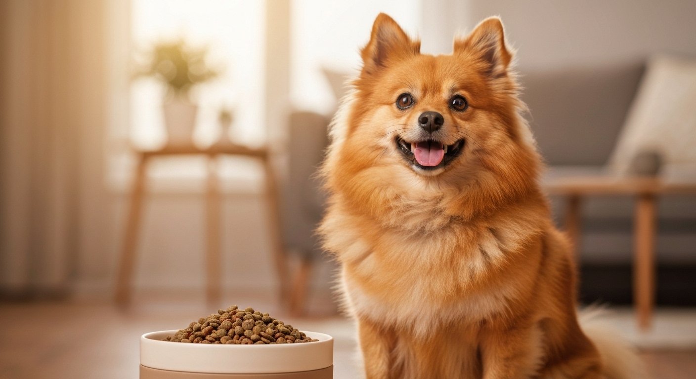 Spitz Alemão feliz e saudável, com pelagem exuberante, ao lado de um pote de ração premium, simbolizando a busca pela melhor ração para spitz alemão e nutrição ideal.