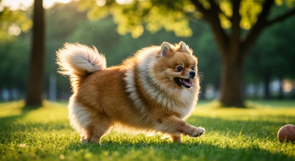 Um spitz alemão feliz e enérgico correndo em um parque verde, simbolizando a importância dos exercícios para spitz alemão para sua saúde e bem-estar.