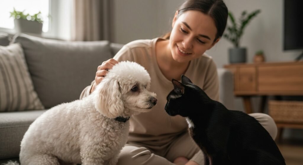 Cachorro e gato adotados interagindo com humano em casa