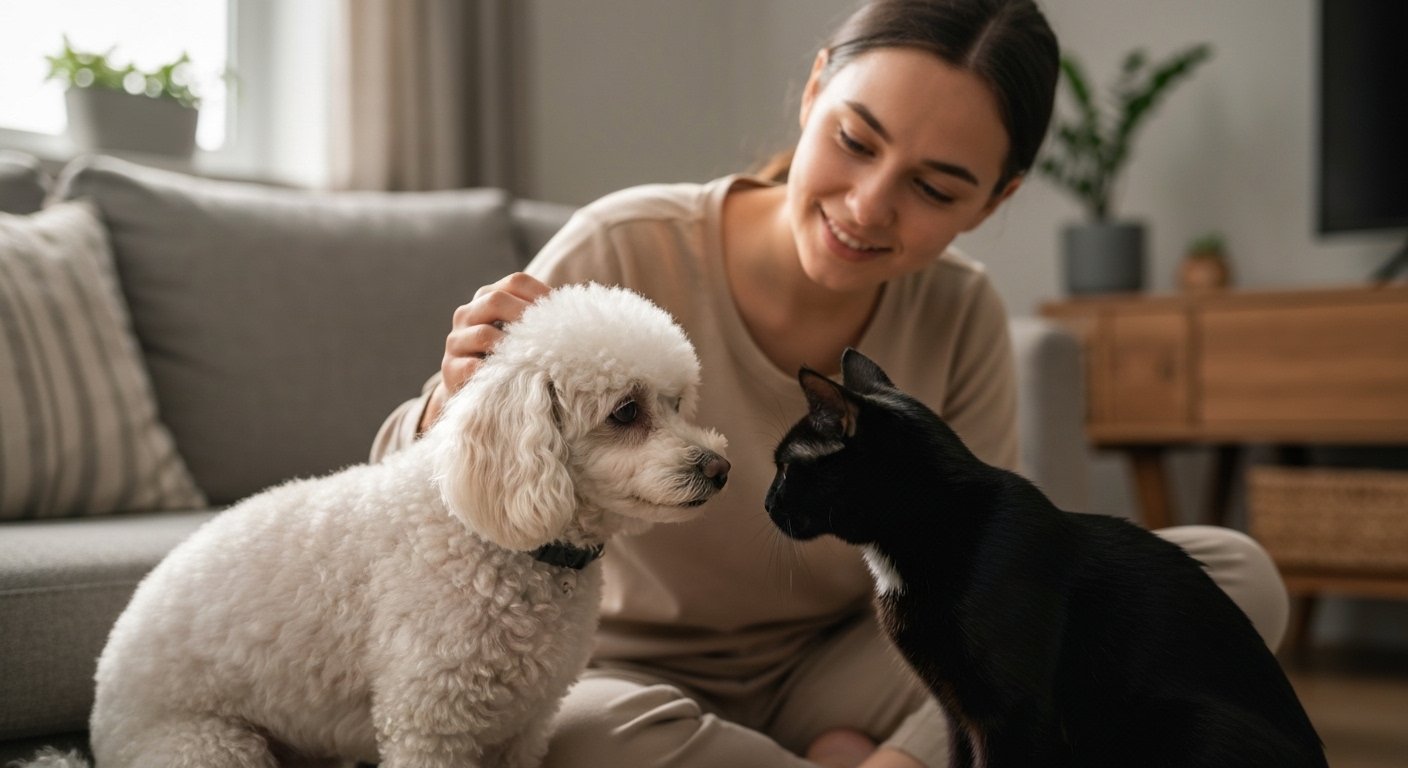 Cachorro e gato adotados interagindo com humano em casa