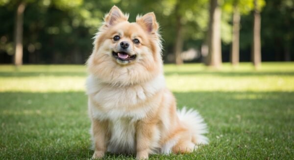 Cão Spitz Alemão feliz em um parque