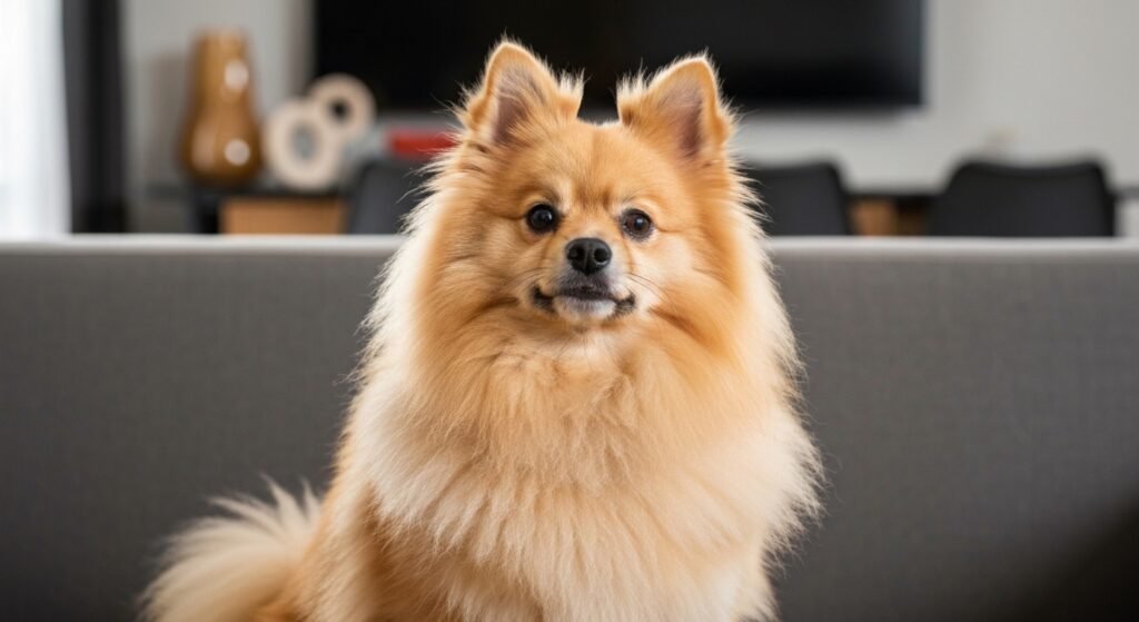 Spitz Alemão anão sentado em um sofá moderno