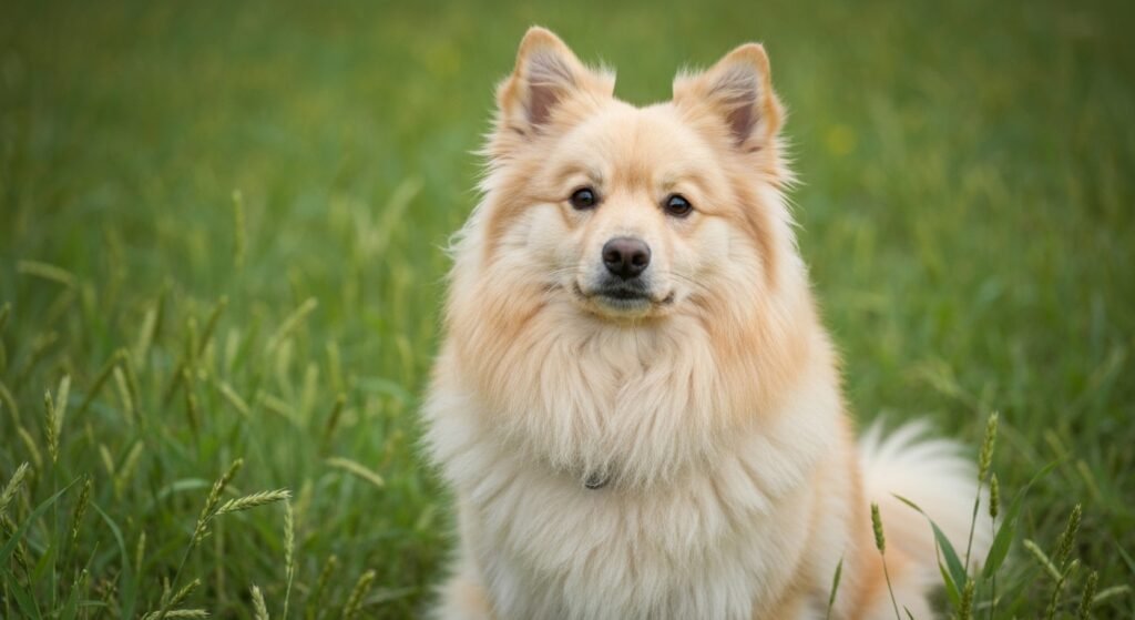 Filhote de Spitz alemão com pelo fofo em um gramado.