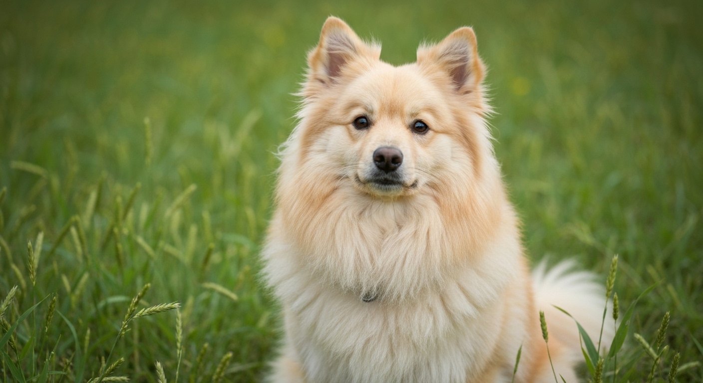 Filhote de Spitz alemão com pelo fofo em um gramado.